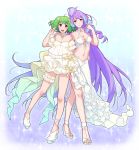  ahoge aqua_nails bare_shoulders blue_hair breasts choker cleavage cleavage_cutout commentary_request detached_sleeves fingers green_hair hand_on_another's_hip hand_on_another's_shoulder highres jewelry layered_skirt leg_garter long_hair looking_at_viewer macross macross_delta macross_frontier mikumo_guynemer multicolored_hair multiple_girls nail_polish navel purple_hair ranka_lee red_eyes ring short_hair skirt sleeveless smile ssn strapless toenail_polish toes two-tone_hair very_long_hair white_skirt 