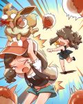  2girls animal animal_on_head ayumi_(pokemon) backpack bag baseball_cap blood blood_from_mouth blue_(pokemon) blue_shorts brown_hair closed_eyes cowering crying eevee gen_1_pokemon green_shorts hands_on_own_head hat high_ponytail long_hair messenger_bag multiple_girls on_head poke_ball poke_ball_(generic) pokemon pokemon_(creature) pokemon_(game) pokemon_lgpe pokemon_on_head short_sleeves shorts shoulder_bag smile tako_(pixiv8535) throwing throwing_poke_ball wristband 