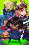  2girls best_jeanist black_hair blonde_hair boku_no_hero_academia buckle commentary covered_mouth crossover denim edna_mode english_commentary goggles goggles_on_head hatsume_mei high_collar highres marcusthevisual multiple_girls nose nostrils pink_hair round_eyewear short short_stack symbol-shaped_pupils the_incredibles toon u.a._gym_uniform yellow_eyes 