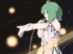  ahoge bare_shoulders bow commentary_request cosplay dress from_side gloves green_hair lynn_minmay lynn_minmay_(cosplay) macross macross:_do_you_remember_love? macross_frontier microphone music official_style outstretched_arm parody pink_bow ranka_lee red_eyes sakuyamelody short_hair singing solo space 