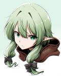  2018 black_bow bow closed_mouth dated frown goblin_slayer! gradient gradient_background green_background green_eyes green_hair hair_bow high_elf_archer_(goblin_slayer!) highres plasbott pointy_ears short_hair solo upper_body white_background 