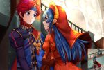  2girls arms_up axe blue_eyes blue_hair cape couple dress eye_contact fire_emblem fire_emblem:_fuuin_no_tsurugi fire_emblem:_rekka_no_ken fire_emblem_heroes green_hair headband hector_(fire_emblem) hetero holding holding_axe lilina long_hair looking_at_another lyndis_(fire_emblem) multiple_boys multiple_girls nyanshua ponytail red_cape red_dress red_hair red_hood roy_(fire_emblem) smile standing upper_body very_long_hair 