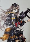 brown_eyes brown_hair commentary_request cowboy_shot from_side girls_frontline gloves gun h&amp;k_ump h&amp;k_ump45 hair_over_face heckler_&amp;_koch highres holding holding_gun holding_weapon hood hooded_jacket jacket lave2600 long_hair looking_at_viewer mechanical_arm medium_request messy_hair mod3_(girls_frontline) pouch profile single_glove standing submachine_gun torn_clothes torn_legwear traditional_media trigger_discipline ump45_(girls_frontline) vertical_foregrip weapon 