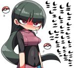  bangs blush breasts closed_mouth commentary covered_navel green_hair gym_leader head_tilt kanikama long_hair looking_at_viewer lowres natsume_(pokemon) nose_blush poke_ball poke_ball_(generic) pokemon pokemon_(game) pokemon_lgpe red_eyes simple_background small_breasts solo sweat translated upper_body very_long_hair white_background 