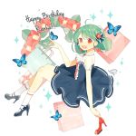  ahoge alternate_costume birthday braid bug butterfly character_name commentary_request crown_braid dress earrings green_hair happy_birthday high_heels insect jewelry lrul macross macross_frontier ranka_lee red_eyes short_hair smile solo 