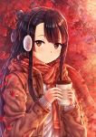  absurdres autumn_leaves bangs black_hair blurry blush brown_coat brown_eyes closed_mouth coat coffee_cup commentary cup depth_of_field disposable_cup duffel_coat earmuffs english_commentary eyebrows_visible_through_hair falling_leaves fringe_trim half_updo highres holding holding_cup itaro koori_chikage leaf lens_flare light_smile long_hair long_sleeves looking_at_viewer maple_leaf nogi_wakaba_wa_yuusha_de_aru open_clothes open_coat orange_(color) outdoors red_scarf ribbed_sweater scarf sidelocks sleeves_past_wrists solo sweater upper_body very_long_hair winter_clothes yuusha_de_aru 