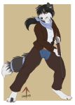  2018 4_toes 5_fingers amber_eyes anthro bandanna barefoot beauty_mark black_hair border_collie canine chaps chloe_(abananaman) clothed clothing collie digital_media_(artwork) dog female gun hair hi_res inkrend jacket mammal ranged_weapon rifle simple_background solo standing tailband toes weapon 