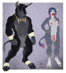  2018 anthro balls black_nose blue_hair bovine cattle dickgirl digital_media_(artwork) duo hair hooves inkrend intersex male mammal penis simple_background 