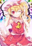  2018 ;3 absurdres ascot blonde_hair blush dated eyebrows_visible_through_hair flandre_scarlet gunjou_row hat highres index_finger_raised long_hair puffy_short_sleeves puffy_sleeves red_eyes red_skirt short_sleeves side_ponytail signature skirt slit_pupils solo thank_you touhou v white_hat wings yellow_neckwear 