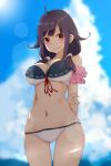  absurdres alternate_costume bikini blue_sky blush breasts cleavage closed_mouth cloud commentary_request day hair_flaps highres kantai_collection large_breasts looking_at_viewer low_twintails navel neve purple_hair red_eyes remodel_(kantai_collection) sky smile solo swimsuit taigei_(kantai_collection) twintails 
