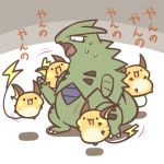  2018 group japanese_text nintendo pok&eacute;mon pok&eacute;mon_(species) raichu rairai-no26-chu simple_background sweat text translated tyranitar video_games 