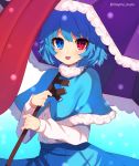  :p blue_eyes blue_hair blue_skirt blush capelet eyebrows_visible_through_hair heterochromia highres karakasa_obake long_tongue looking_at_viewer marota red_eyes shirt short_hair skirt snow solo tatara_kogasa tongue tongue_out touhou twitter_username umbrella white_shirt 