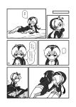  2girls :3 blush comic commentary_request emperor_penguin_(kemono_friends) eyebrows_visible_through_hair greyscale hair_over_one_eye headphones highres hood hoodie kemono_friends kotobuki_(tiny_life) long_hair long_sleeves monochrome multiple_girls no_shoes penguin_tail royal_penguin_(kemono_friends) short_hair sleeping tail thighhighs translation_request twintails 