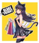  bag bare_shoulders black_dress black_friday black_hair blake_belladonna bow bracelet cat_tail commentary_request dress english handbag highres iesupa jewelry looking_at_viewer price_tag pun rwby shopping_bag short_dress solo tail thighhighs yellow_background yellow_eyes 