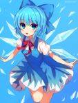  blue_background blue_bow blue_dress blue_eyes blue_hair bow cirno dress eyebrows_visible_through_hair hair_bow highres ice ice_wings looking_at_viewer marota open_mouth outstretched_arms puffy_short_sleeves puffy_sleeves short_hair short_sleeves simple_background smile solo touhou twitter_username wings 