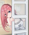  1girl absurdres bangs bare_shoulders blue_eyes blush breasts closed_mouth fingernails go-toubun_no_hanayome hair_between_eyes hand_on_window highres long_hair looking_at_viewer mahdi maid maid_dress medium_breasts nail_polish nakano_miku peeking pink_nails pout red_hair shiny shiny_hair sleeveless solo 