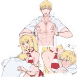  1boy 1girl abs areolae arthur_pendragon_(fate) bikini blonde_hair breasts cleavage criss-cross_halter fate/grand_order fate/prototype fate_(series) green_eyes hair_intakes halter_top halterneck kyou_(ningiou) nero_claudius_(fate)_(all) nero_claudius_(swimsuit_caster)_(fate) nipples open_clothes open_shirt red_bikini self_fondle shirt side-tie_bikini striped striped_bikini swimsuit twintails 