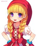  absurdres blonde_hair blue_bracelet bow bracelet braid dragon_quest dragon_quest_xi eyebrows_visible_through_hair hands_on_hips hat highres jewelry long_hair looking_at_viewer marota open_mouth puffy_short_sleeves puffy_sleeves purple_eyes red_bow red_hat short_sleeves simple_background smile solo twin_braids twitter_username veronica_(dq11) white_background 