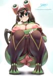  1girl areolae asui_tsuyu black_eyes black_hair bodysuit boku_no_hero_academia breasts curvy huge_breasts large_areolae looking_at_viewer nipples no_panties pussy solo spindles squatting thick_thighs thighs torn_bodysuit torn_clothes wide_hips 