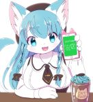  1girl cat cellphone furry kemoribon open_mouth phone smartphone smile solo teal_eyes teal_hair 