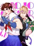  battle_tendency blonde_hair blue_eyes brown_hair caesar_anthonio_zeppeli catsizuru crossdressing delinquent facial_mark fighting_stance fingerless_gloves gakuran gloves green_eyes highres jojo_no_kimyou_na_bouken joseph_joestar_(young) lipstick makeup male_focus multiple_boys one_eye_closed school_uniform serafuku yankee 