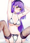  armpits bangs bare_arms blue_eyes blunt_bangs bra breasts earrings el-zheng embarrassed eyebrows_visible_through_hair hair_ornament hairclip hands_up highres jewelry large_breasts long_hair looking_at_viewer mole mole_under_eye navel original panties parted_lips purple_hair purple_legwear solo spread_legs thighhighs two_side_up underwear underwear_only very_long_hair wet white_bra white_panties yellow_eyes 