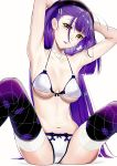  armpits bangs bare_arms blue_eyes blunt_bangs bra breasts el-zheng eyebrows_visible_through_hair eyes_visible_through_hair hair_ornament hairclip hands_up highres large_breasts long_hair looking_at_viewer mole mole_under_eye navel original panties parted_lips purple_hair purple_legwear solo spread_legs thighhighs two_side_up underwear underwear_only very_long_hair wet white_bra white_panties yellow_eyes 