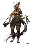  ammunition backpack breasts camo clothed clothing digitigrade feline female footwraps fully_clothed fur grey_fur gun hair headband hi_res holding_object holding_weapon m60 machine_gun mammal military pgm300 ranged_weapon red_eyes simple_background solo watch weapon white_background white_fur white_hair white_nose 