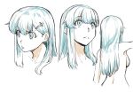  blue blue_eyes blue_hair breasts closed_mouth commentary_request expressions hair_ornament hairclip ishii_hisao kantai_collection long_hair medium_breasts monochrome multiple_views nude sketch suzuya_(kantai_collection) wide-eyed 