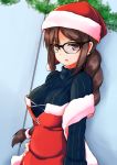  1girl :o adapted_costume black-framed_eyewear black_bodysuit bodysuit bodysuit_under_clothes breasts breasts_apart brown_hair commentary_request consort_yu_(fate) dress fate/grand_order fate_(series) fur-trimmed_dress fur-trimmed_hat glasses hat long_hair looking_at_viewer medium_breasts purple_eyes red_dress santa_dress santa_hat solo striped_bodysuit tetsuhige 