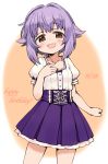  :d blouse blush bow brown_eyes cowboy_shot cross-laced_clothes eyebrows_visible_through_hair hair_intakes hand_on_own_chest happy_birthday idolmaster idolmaster_cinderella_girls koshimizu_sachiko lavender_hair looking_at_viewer moru_(monaka) open_mouth pleated_skirt puffy_sleeves purple_skirt short_hair short_sleeves skirt smile solo white_blouse 