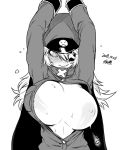  black_general blonde_hair blush borrowed_character bouncing_breasts breasts bursting_breasts dated embarrassed eyepatch flying_button greyscale hands_above_head hat large_breasts long_hair monochrome nipples no_bra peaked_cap popped_button signature solo sweat trench_coat tsukudani_(coke-buta) wardrobe_malfunction wavy_mouth zannen_onna-kanbu_black_general-san 