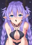  alternate_costume arm_tattoo bare_shoulders black_bra black_panties blue_eyes blush bra braid breasts cleavage cleavage_cutout demon_girl demon_horns demon_wings food food_in_mouth hair_between_eyes halloween_costume highres horns long_hair looking_at_viewer medium_breasts mouth_hold navel neptune_(series) o-ring o-ring_top panties pocky power_symbol purple_hair purple_heart revealing_clothes shikapiro solo succubus symbol-shaped_pupils tattoo twin_braids twintails underwear very_long_hair wings 