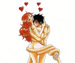  1boy 1girl breasts kiss long_hair monkey_d_luffy nami_(one_piece) nude one_piece orange_hair 