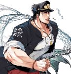  black_hair blue_eyes bracelet catsizuru chest fish fishing_net hat jewelry jojo_no_kimyou_na_bouken kuujou_joutarou long_coat male_focus mouth_hold necklace sleeves_rolled_up solo twig 