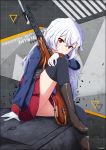  alpha1918 alpha_(alpha1918) assault_rifle bayonet fedorov_avtomat girls_frontline gloves gun hair_ornament hairpin highres looking_at_viewer military military_uniform original red_eyes rifle russian russian_empire sitting sitting_on_object solo thighhighs uniform weapon white_hair xandier59 zettai_ryouiki 