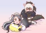  :o ^_^ aardwolf_(kemono_friends) aardwolf_ears aardwolf_tail anteater_ears anteater_tail black_hair brown_eyes closed_eyes commentary_request elbow_gloves eyebrows_visible_through_hair fluffy giant_anteater_(kemono_friends) gloves grey_hair hair_between_eyes hair_ornament highres japari_symbol kemono_friends long_hair looking_back lying maid_headdress multicolored_hair multiple_girls on_back pillow ponytail shorts tail tail_hug white_hair yosiyuki_yosizou 