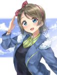  :d arm_up bangs blue_eyes blue_jacket blue_sky blush bow breasts brown_hair cloud cloudy_sky collared_shirt commentary_request day dress_shirt eyebrows_visible_through_hair fur-trimmed_jacket fur_trim green_shirt hair_bow hairband head_tilt jacket love_live! love_live!_sunshine!! open_clothes open_jacket open_mouth parted_bangs plaid plaid_hairband red_bow red_hairband shirt sin_(sin52y) sky small_breasts smile solo striped striped_shirt upper_body vertical-striped_shirt vertical_stripes watanabe_you 