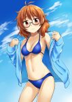  araki_hina bikini blue_bikini blue_jacket blue_sky breasts brown_eyes brown_hair cloud commentary_request contrapposto cowboy_shot day embarrassed glasses highres idolmaster idolmaster_cinderella_girls jacket looking_at_viewer medium_breasts messy_hair nobori_ranzu open_clothes open_jacket outdoors short_hair sky solo swimsuit 