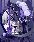  bonnet closed_mouth commentary_request cross cross_earrings earrings eyebrows_visible_through_hair flower from_side grey_hair grey_rose hair_ornament highres horns jewelry mochizuki_kei original portrait profile purple_eyes purple_ribbon ribbon rose solo 