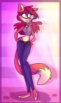  1980s 2018 3_fingers 3_toes anthro belly belt black_nose blue_eyes breasts canine clothed clothing digital_media_(artwork) feet female fox fur hair jeans looking_away mammal no_shoes panties pants paradise_university pink_background playlist red_fur red_hair shadow shirt simple_background smile solo t-shirt toes tong underwear virginia_cox vixartstudios 