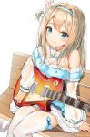  alternate_costume artist_name bangs bare_shoulders bench blonde_hair blue_bow blue_dress blue_eyes blue_hairband blush bow breasts cleavage closed_mouth collarbone commentary detached_collar detached_sleeves dress electric_guitar eyebrows_visible_through_hair girls_frontline guitar hair_between_eyes hair_ornament hairband highres hirasawa_yui holding_plectrum instrument k-on! lee_seok_ho les_paul light_brown_hair long_hair long_sleeves looking_at_viewer medium_breasts off-shoulder_dress off_shoulder on_bench one_side_up puffy_long_sleeves puffy_sleeves santa_costume seiyuu_connection sidelocks simple_background sitting smile snowflake_hair_ornament solo suomi_kp31_(girls_frontline) thighhighs toyosaki_aki very_long_hair white_background white_legwear 