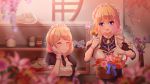  absurdres basket bell black_neckwear blonde_hair blue_eyes blurry_foreground breasts cat cleavage doll elbows_on_table facing_viewer flower frills glint gloves hair_between_eyes highres indoors maid medium_breasts medium_hair multiple_girls neck_bell renown_(zhan_jian_shao_nyu) shelf sorry_(4627156) steelblue_mirage vase white_cat white_gloves window zhan_jian_shao_nyu 