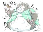  ! ? action_lines anthro belly big_belly blue_eyes blush button_pop canine chubby_cheeks claws clenched_teeth clothed clothing double_chin doughnut food fur grey_fur half-length_portrait japanese_text male mammal moobs multicolored_fur navel obese_male one_eye_closed overweight overweight_male pawpads portrait pukkunnnn signature simple_background solo straining_buttons surprise sweat teeth text torn_clothing torn_topwear translation_request two_tone_fur weight_gain white_background white_fur wince wolf 