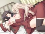  2girls bed black_hair blonde_hair blue_eyes blush bra breasts couple fuguriya game_cg kawamura_reo long_hair looking_at_another lying moaning multiple_girls nipples official_art panties peko purple_eyes sawaguchi_mai school_uniform short_hair sono_hanabira_ni_kuchizuke_wo underwear yuri 