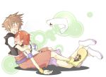  1girl al_(arupaka) bad_id bad_pixiv_id blue_eyes blush breasts brown_hair choker closed_eyes disney fingerless_gloves gloves hug kairi_(kingdom_hearts) kingdom_hearts kingdom_hearts_i mickey_mouse red_hair short_hair shorts shorts_under_skirt small_breasts smile sora_(kingdom_hearts) 