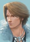  blue_background brown_eyes brown_hair closed_mouth commentary fateline_alpha final_fantasy final_fantasy_viii fur_trim highres jewelry looking_away male_focus necklace scar simple_background solo squall_leonhart 