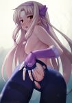  1girl anus ass bangs black_legwear blonde_hair blush bow breasts eyebrows_visible_through_hair fate/grand_order fate_(series) fingerless_gloves from_behind gloves hair_bow hair_ornament headband illyasviel_von_einzbern long_hair nipples open_mouth pantyhose parted_bangs patreon_username purple_bow pussy red_eyes see-through sidelocks sitonai small_breasts solo thighband_pantyhose topless torn_clothes torn_legwear very_long_hair watermark web_address zen_o 