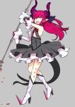  :d absurdres armpits asymmetrical_horns bangs black_skirt blood blue_eyes boots bow commentary_request curled_horns detached_sleeves dh_ead dragon_girl dragon_horns dragon_tail elizabeth_bathory_(fate) elizabeth_bathory_(fate)_(all) eyebrows_visible_through_hair fangs fate/extra fate/extra_ccc fate_(series) floating_hair frills full_body grey_background hair_bow hand_up high_heel_boots high_heels highres holding holding_weapon horns knee_boots layered_skirt long_hair looking_at_viewer looking_down miniskirt one_side_up open_mouth pink_hair pointy_ears polearm purple_bow sarkany_csont_landzsa sidelocks simple_background skirt smile solo tail thighs upper_teeth weapon white_footwear 