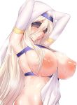  armpit_hair armpits arms_behind_head bangs blindfold blonde_hair blush breasts breasts_outside commentary_request dress goblin_slayer! headdress highres large_breasts long_hair nipples samurai_(movemusic) smile solo sweat sweatdrop sword_maiden very_long_hair white_dress 